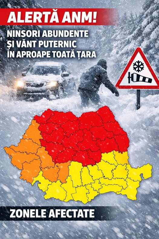 Alertă ANM! Ninsori abundente și vânt puternic în aproape toată țara. Zonele vizate