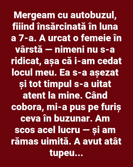 Gestul unei bătrâne din autobuz nu a fost uitat. Ce a găsit o femeie însărcinată în buzunar după ce i-a cedat locul