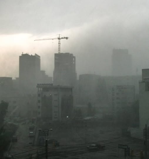 Bucharest, Romania, July 6, 2009: Heavy rain and gray sky over Bucharest.