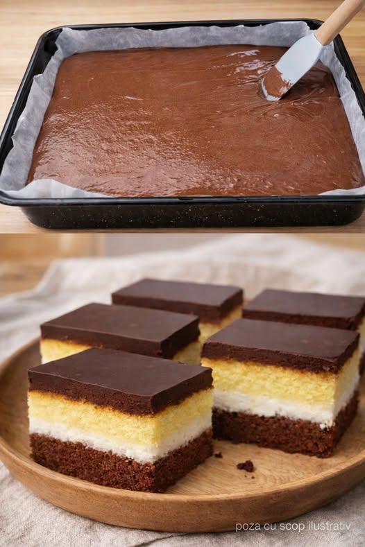 Prăjitura care se coace aproape singură! Are blat bicolor și o cremă-surpriză