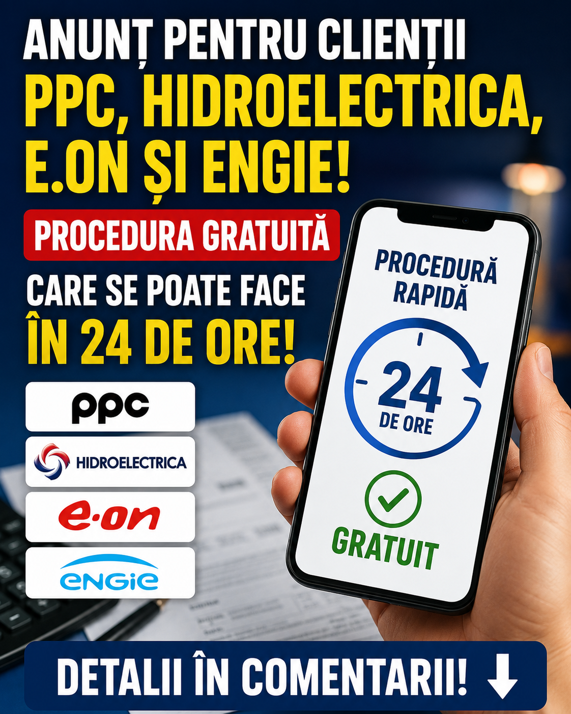 Anunț pentru clienții PPC, Hidroelectrica, E.ON și Engie! Procedura gratuită care se poate face în 24 de ore