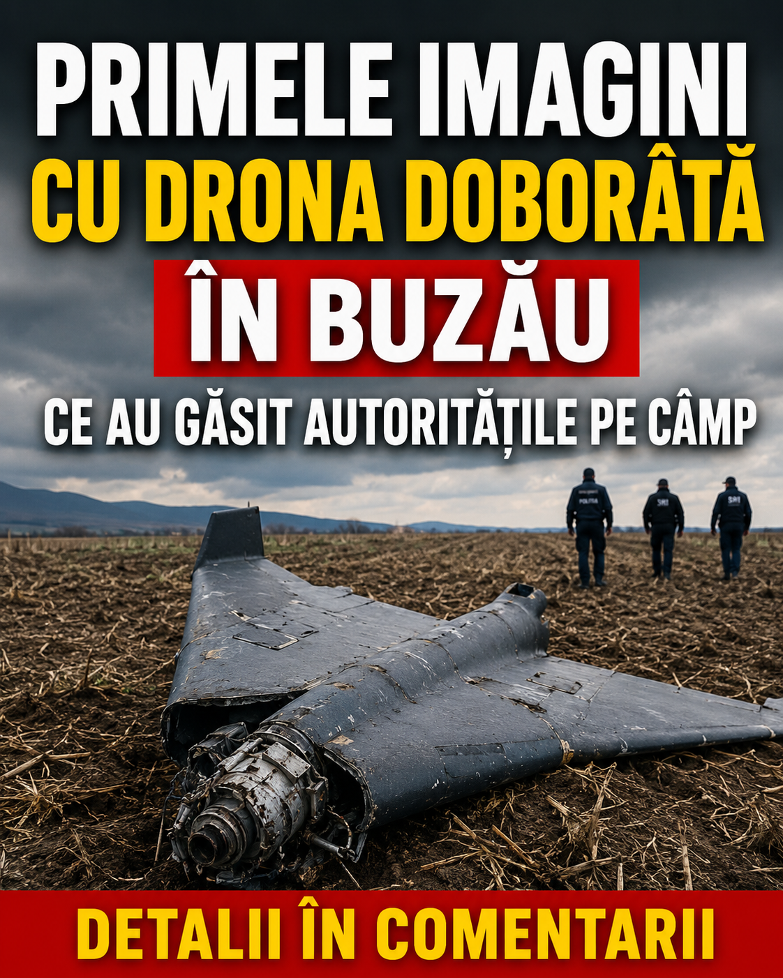Primele imagini cu drona doborâtă în Buzău. Ce au găsit autoritățile pe câmp
